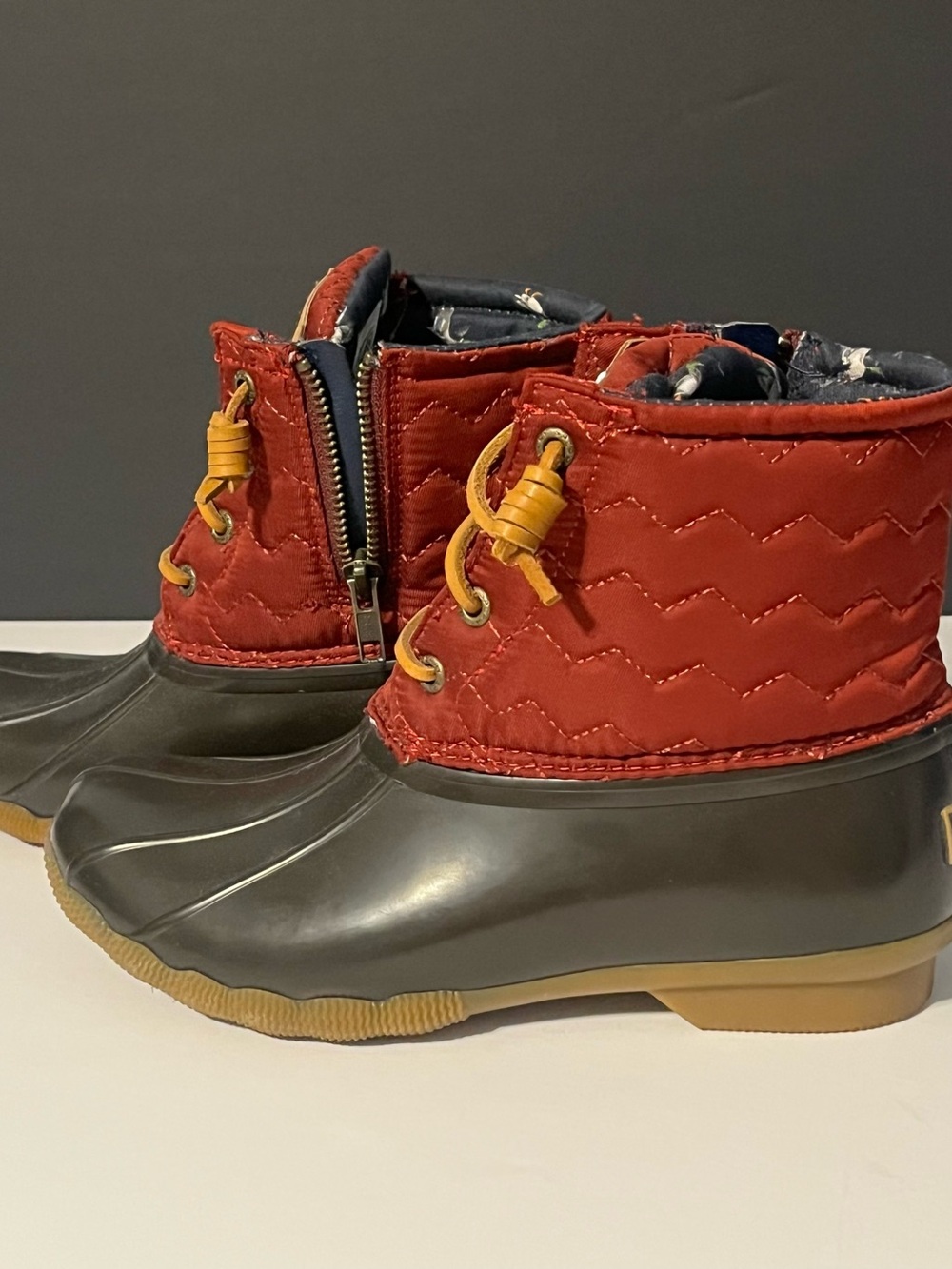 Sperry Red Quilted and Gray Waterproof Duck Boots with Yellow Accents